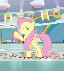 Size: 600x663 | Tagged: safe, derpibooru import, screencap, fluttershy, yona, pegasus, pony, yak, she's all yak, animated, bow, cloven hooves, cropped, cute, dance lesson, dancing, discovery family logo, duo, female, hair bow, mare, monkey swings, pony cotillion, shyabetes