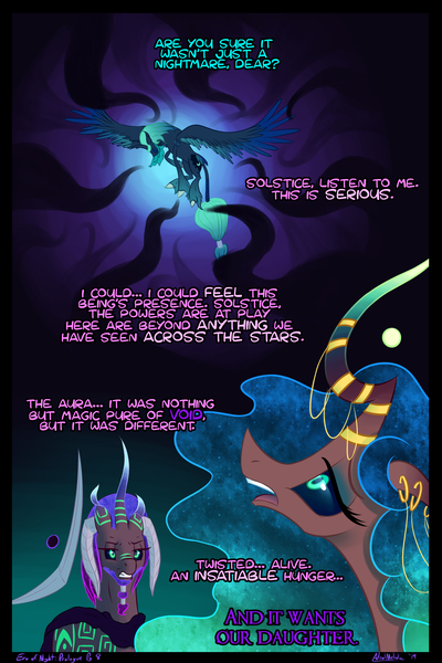 Size: 2560x3840 | Tagged: safe, alternate version, artist:astralmelodia, deleted from derpibooru, derpibooru import, princess luna, oc, oc:equinox (astralmelodia), oc:solstice (astralmelodia), alicorn, unicorn, comic:era of night, comic, curved horn, horn, jewelry, signature, tentacles, text