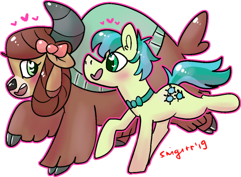 Size: 1065x783 | Tagged: safe, artist:ch0c0butt, derpibooru import, sandbar, yona, pony, yak, she's all yak, blushing, bow, bowtie, cloven hooves, colored pupils, cute, ear fluff, female, hair bow, heart, heart eyes, interspecies, male, monkey swings, open mouth, profile, sandabetes, shipping, simple background, straight, transparent background, wingding eyes, yonabar, yonadorable