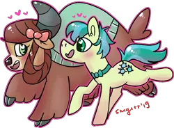 Size: 1065x783 | Tagged: safe, artist:ch0c0butt, derpibooru import, sandbar, yona, pony, yak, she's all yak, blushing, bow, bowtie, cloven hooves, colored pupils, cute, ear fluff, female, hair bow, heart, heart eyes, interspecies, male, monkey swings, open mouth, profile, sandabetes, shipping, simple background, straight, transparent background, wingding eyes, yonabar, yonadorable
