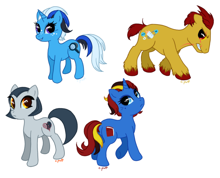 Size: 1046x846 | Tagged: safe, artist:c-puff, derpibooru import, ponified, alien, asari, krogan, pony, edi, freckles, liara t'soni, mass effect, samara, urdnot wrex