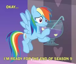 Size: 828x691 | Tagged: safe, derpibooru import, edit, edited screencap, screencap, rainbow dash, pony, she's all yak, cropped, end of ponies, implied drinking, in-universe pegasister, punch (drink), punch bowl, solo