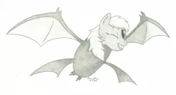 Size: 1024x555 | Tagged: safe, artist:peruserofpieces, derpibooru import, bat, crobat, hybrid, monster pony, pony, bat wings, crossover, has magic gone too far?, monster, newbie artist training grounds, one eye closed, pencil drawing, pokémon, pun, simple background, smiling, solo, traditional art, visual pun, wat, what has magic done, what has science done, wings, wink