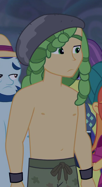 Size: 463x845 | Tagged: safe, derpibooru import, screencap, orange sunrise, sandalwood, victoria, equestria girls, equestria girls series, spring breakdown, spoiler:eqg series (season 2), clothes, cropped, male, offscreen character, partial nudity, shorts, topless