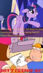 Size: 881x1492 | Tagged: safe, derpibooru import, edit, edited screencap, screencap, twilight sparkle, twilight sparkle (alicorn), alicorn, human, pony, unicorn, what about discord?, angry, chris griffin, crossover, family guy, female, floppy ears, implied zebra, lois griffin, mare, meg griffin, meme, n word, pencil drawing, sad, stewie griffin, style emulation, traditional art, unicorn twilight, vulgar, ziggers