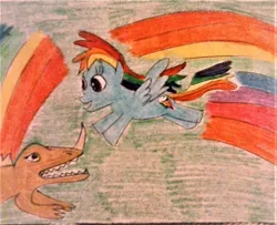 Size: 1627x1321 | Tagged: safe, artist:dex stewart, derpibooru import, rainbow dash, pony, barugon, gamera (series)