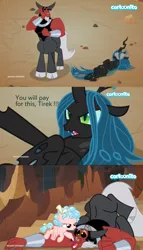 Size: 1260x2200 | Tagged: safe, derpibooru import, edit, edited screencap, screencap, cozy glow, lord tirek, queen chrysalis, centaur, changeling, changeling queen, pegasus, pony, frenemies (episode), bow, cartoonito logo, cloven hooves, female, filly, foal, freckles, hair bow, italian, losers club, male, nose piercing, nose ring, piercing, trust fall