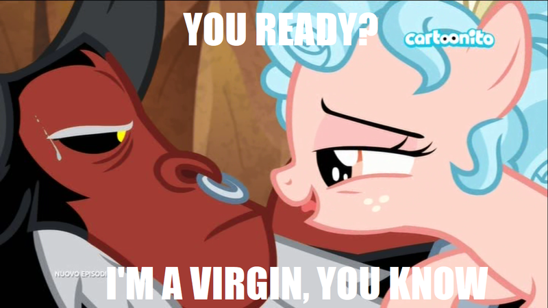 Size: 1280x720 | Tagged: suggestive, derpibooru import, edit, edited screencap, screencap, cozy glow, lord tirek, centaur, pegasus, pony, frenemies (episode), age difference, bedroom eyes, caption, cartoonito logo, cozirek, female, filly, foal, freckles, image macro, impact font, implied foalcon, implied sex, implied virgin, interspecies, italian, male, shipping, straight, sweat, sweatdrop, text