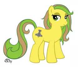 Size: 519x446 | Tagged: safe, artist:rachelled, derpibooru import, oc, oc:thunderjolt, pony, earthtones, female, hammer, mjölnir, norse, solo, war hammer, weapon, yellow