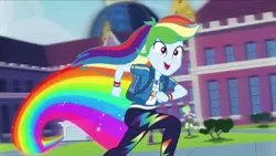 Size: 1280x720 | Tagged: safe, derpibooru import, screencap, cherry crash, mystery mint, rainbow dash, equestria girls, equestria girls series, run to break free, spoiler:eqg series (season 2), background human, backpack, canterlot high, clothes, female, geode of super speed, magical geodes, pants, rainbow, solo, statue