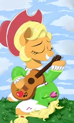 Size: 3000x5000 | Tagged: safe, artist:draw-purple-1, derpibooru import, applejack, pony, sparkle's seven, alternate hairstyle, apple chord, clothes, cloud, cute, eyes closed, guitar, jackabetes, musical instrument, sitting, smiling, solo