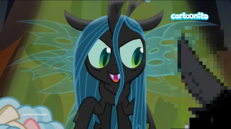 Size: 1280x719 | Tagged: suggestive, derpibooru import, edit, edited screencap, screencap, cozy glow, lord tirek, queen chrysalis, changeling, changeling queen, pegasus, pony, frenemies (episode), better way to be bad, cartoonito logo, censored, eyes on the prize, female, female focus, filly, imminent sex, implied blowjob, implied oral, implied penis, implied sex, italian, solo focus, unnecessary censorship