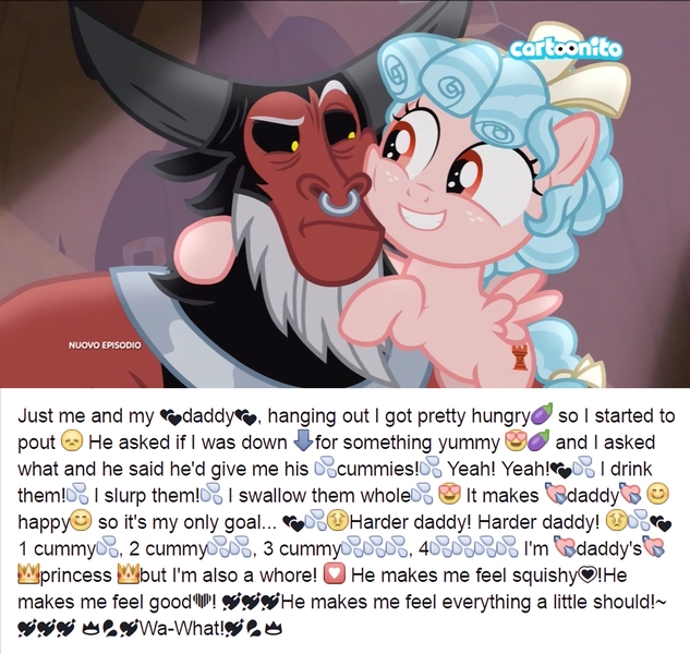 Size: 1280x1213 | Tagged: questionable, derpibooru import, edit, edited screencap, screencap, cozy glow, lord tirek, centaur, pegasus, pony, frenemies (episode), caption, cartoonito logo, copypasta, cozirek, cozy glow is best facemaker, cummies, cursed image, daddy kink, duo, emoji, english, explicit text, female, filly, foal, implied foalcon, implied sex, interspecies, italian, male, meme, nose piercing, nose ring, piercing, shipping, straight