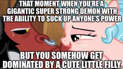 Size: 1024x576 | Tagged: safe, derpibooru import, edit, edited screencap, screencap, cozy glow, lord tirek, centaur, pegasus, pony, frenemies (episode), age difference, caption, cozirek, female, femdom, filly, image macro, implied foalcon, interspecies, italian, male, shipping, straight, text