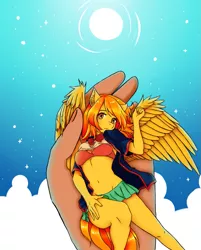Size: 1567x1949 | Tagged: source needed, useless source url, safe, artist:maym, derpibooru import, oc, oc:firetale, unofficial characters only, anthro, pegasus, pony, female, hand, holding a pony, in goliath's palm, micro, shrunk, solo, wings
