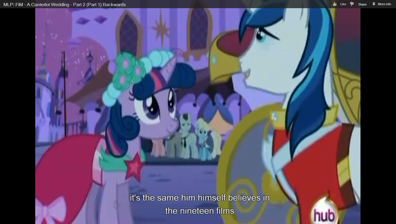 Size: 1360x768 | Tagged: a canterlot wedding, bruce mane, caption, derpibooru import, eclair créme, edit, edited screencap, jangles, meme, safe, screencap, shining armor, twilight sparkle, youtube caption