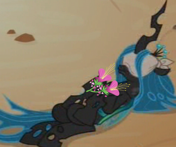 Size: 600x500 | Tagged: blindfold, changeling, changeling queen, cropped, derpibooru import, edit, edited screencap, female, flower, frenemies (episode), heart's desire, on back, queen chrysalis, safe, screencap, sleeping beauty, solo