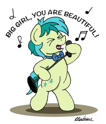 Size: 1302x1525 | Tagged: safe, artist:bobthedalek, derpibooru import, sandbar, earth pony, pony, she's all yak, ><, big girl, bipedal, bowtie, chubby chaser, dialogue, eyes closed, implied yona, implied yonabar, male, microphone, mika, music notes, open mouth, singing, song reference, stallion