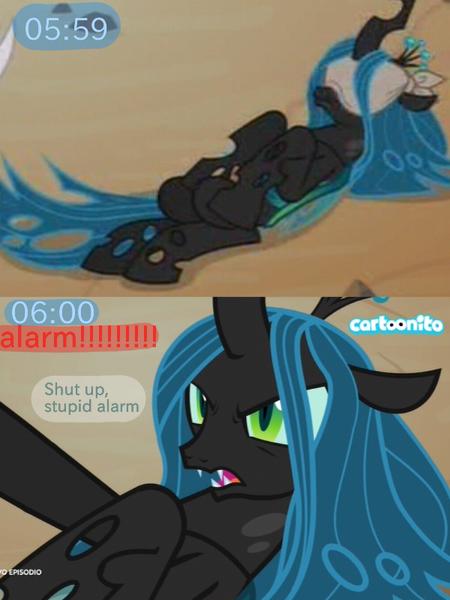 Size: 600x800 | Tagged: alarm, angry, blindfold, cartoonito logo, changeling, changeling queen, comic, derpibooru import, edit, edited screencap, female, frenemies (episode), italian, on back, queen chrysalis, safe, screencap, sleeping, solo