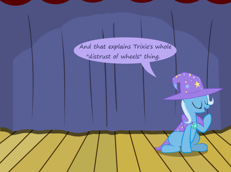 Size: 1280x957 | Tagged: safe, artist:evil-dec0y, derpibooru import, trixie, pony, unicorn, comic:trixie vs., cape, clothes, eyes closed, female, hat, mare, sitting, solo, stage, trixie's cape, trixie's hat