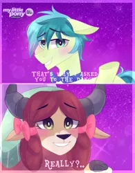 Size: 736x945 | Tagged: safe, artist:waterz-colrxz, derpibooru import, sandbar, yona, earth pony, pony, yak, she's all yak, blushing, bow, bowtie, cloven hooves, cute, female, hair bow, interspecies, male, monkey swings, sandabetes, scene interpretation, shipping, straight, subtitles, yonabar, yonadorable