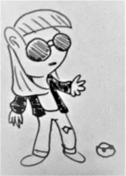 Size: 1012x1407 | Tagged: anthro, artist:dex stewart, boulder (pet), derpibooru import, joey ramone, maud pie, monochrome, ramones, safe, sunglasses