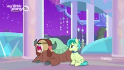 Size: 1280x720 | Tagged: safe, derpibooru import, screencap, sandbar, yona, earth pony, pony, yak, she's all yak, bow, bowtie, cloven hooves, discovery family logo, duo, female, hair bow, monkey swings, prone, treehouse of harmony