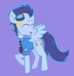 Size: 1714x1758 | Tagged: safe, artist:halfrobin, derpibooru import, soarin', pegasus, pony, blushing, clothes, cute, eyes closed, goggles, male, necktie, open mouth, purple background, simple background, soarinbetes, solo, stallion