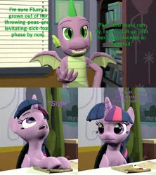 Size: 1920x2160 | Tagged: safe, artist:papadragon69, derpibooru import, spike, twilight sparkle, twilight sparkle (alicorn), alicorn, dragon, pony, comic:spike's cyosa, 3d, comic, cyoa, desk, implied flurry heart, older, older spike, scroll, source filmmaker, teenage spike, teenager, winged spike