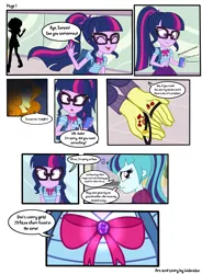 Size: 5300x7200 | Tagged: dead source, safe, artist:wubcakeva, derpibooru import, adagio dazzle, sci-twi, sonata dusk, sunset shimmer, twilight sparkle, comic:twilight's dawn, equestria girls, equestria girls series, canterlot mall, comic, gem, geode of telekinesis, implied slenderman, it's a trap, laughing, lip bite, magical geodes, markiplier, pewdiepie, phone, ribbon, show accurate, siren gem, t-series, this will not end well