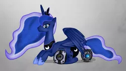 Size: 1187x673 | Tagged: safe, artist:puggie, derpibooru import, princess luna, crossover, personality core, portal (valve), space core, wheatley