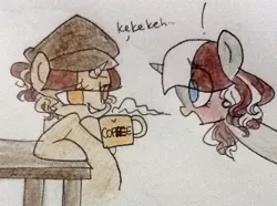 Size: 784x582 | Tagged: safe, artist:laceymod, derpibooru import, oc, oc:lovelace, oc:loveless (laceymod), unofficial characters only, pony, ask lovelace, blushing, coffee mug, duality, female, mare, mug, traditional art