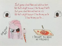 Size: 3264x2448 | Tagged: grimdark, artist:don2602, derpibooru import, pinkie pie, earth pony, pony, angry, blood, chopping board, crying, eminem, heart (organ), knife, love the way you lie, organs, pinkamena diane pie, skull, solo, song reference, traditional art