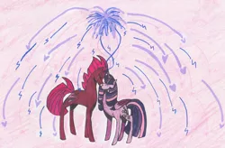 Size: 1280x838 | Tagged: safe, artist:draw1709, derpibooru import, fizzlepop berrytwist, tempest shadow, twilight sparkle, twilight sparkle (alicorn), alicorn, pony, female, fizzlepop's fireworks, lesbian, magic, nuzzling, shipping, tempestlight, traditional art