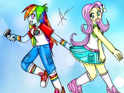 Size: 1024x768 | Tagged: safe, artist:lacie-buncat, derpibooru import, fluttershy, rainbow dash, equestria girls, belt, caught, clothes, converse, dragging, female, flashlight (object), miniskirt, running, running in place, scared, shoes, shorts, skirt, skirt pull, sneakers, socks