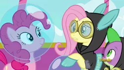 Size: 1920x1080 | Tagged: safe, derpibooru import, screencap, fluttershy, pinkie pie, spike, dragon, earth pony, pegasus, pony, sparkle's seven, bunny ears, clothes, costume, dangerous mission outfit, female, goggles, helmet, hoodie, male, mare, winged spike