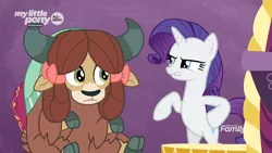 Size: 1920x1080 | Tagged: safe, derpibooru import, edit, edited screencap, screencap, rarity, yona, unicorn, yak, she's all yak, bipedal, bow, cloven hooves, discovery family logo, disgusted, duo, female, hair bow, mare, meme, meme origin, monkey swings