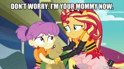 Size: 600x337 | Tagged: safe, derpibooru import, edit, edited screencap, screencap, sunset shimmer, water lily (equestria girls), equestria girls, equestria girls series, spring breakdown, spoiler:eqg series (season 2), caption, child, image macro, implied kidnapping, lifejacket, plushie, ponied up, super ponied up, text