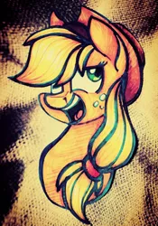 Size: 2080x2968 | Tagged: safe, artist:mlplmaster, derpibooru import, applejack, pony, abstract background, applejack's hat, bust, cowboy hat, female, freckles, hair over one eye, hair tie, hat, mare, open mouth, solo, traditional art
