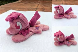 Size: 2382x1588 | Tagged: safe, artist:plushbyanto, derpibooru import, berry punch, berryshine, earth pony, pony, beanie (plushie), chibi, female, irl, lying down, mare, minky, no mouth, no nostrils, no pupils, photo, plushie, profile, prone, solo, sploot, toy