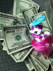 Size: 500x667 | Tagged: derpibooru import, doll, federal reserve note, irl, mcdonald's happy meal toys, money, photo, rarity, safe, toy