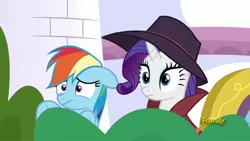 Size: 1920x1080 | Tagged: safe, derpibooru import, screencap, rainbow dash, rarity, pegasus, pony, unicorn, sparkle's seven, clothes, detective rarity, female, hat, mare, trenchcoat