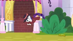 Size: 1920x1080 | Tagged: safe, derpibooru import, screencap, rarity, pony, unicorn, sparkle's seven, behaving like a cat, bow, brick wall, clothes, detective rarity, female, hat, mare, pounce, solo, trenchcoat