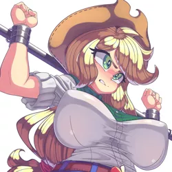 Size: 650x650 | Tagged: suggestive, artist:kaikoinu, derpibooru import, applejack, equestria girls, applejack's hat, big breasts, bondage, breasts, busty applejack, clothes, cowboy hat, female, hat, huge breasts, simple background, solo, solo female, white background