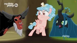 Size: 863x485 | Tagged: safe, derpibooru import, screencap, cozy glow, lord tirek, queen chrysalis, centaur, changeling, changeling queen, pegasus, pony, frenemies (episode), all new, better way to be bad, discovery family logo, female, filly, foal, male, spotlight, text