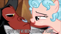 Size: 1280x720 | Tagged: safe, derpibooru import, edit, edited screencap, screencap, cozy glow, lord tirek, centaur, pony, frenemies (episode), age difference, caption, cartoonito logo, cozirek, dialogue, duo, female, filly, foal, image macro, lidded eyes, male, narrowed eyes, nose piercing, nose ring, piercing, shipping, straight, text