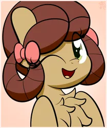 Size: 2550x3050 | Tagged: safe, artist:kimjoman, derpibooru import, yona, ponified, earth pony, pony, she's all yak, chest fluff, eye clipping through hair, one eye closed, open mouth, pony yona, simple background, solo, species swap, wink