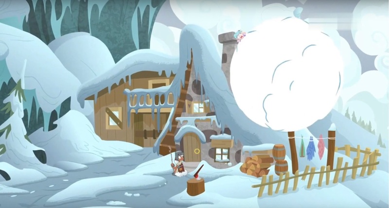 Size: 1680x898 | Tagged: safe, derpibooru import, screencap, cozy glow, rusty bucket, earth pony, pony, frenemies (episode), avalanche, duo, female, fence, filly, foal, house, male, mount everhoof, snow, snowball, stallion