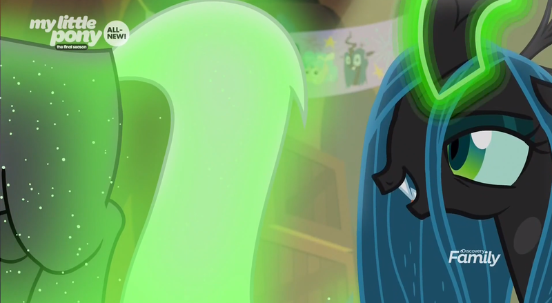 Size: 1915x1052 | Tagged: butt, centaur, changeling, changeling queen, derpibooru import, duo, eyes on the prize, female, frenemies (episode), glowing horn, glowing plot, horn, lord tirek, magic, magic aura, male, out of context, plot, queen chrysalis, safe, screencap, tirump, you know for kids