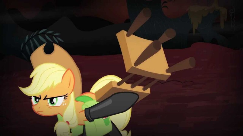 Size: 1280x720 | Tagged: safe, derpibooru import, screencap, applejack, earth pony, pony, somepony to watch over me, applejack's hat, bag, boots, chair, cowboy hat, female, fireproof boots, hat, mare, saddle bag, shoes, solo, stetson